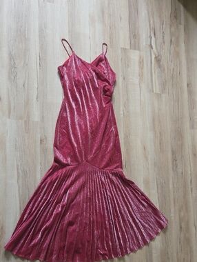 Grace Usa Shimmery Pink Slip Maxi Dress Gown with Pleated Mermaid Hem